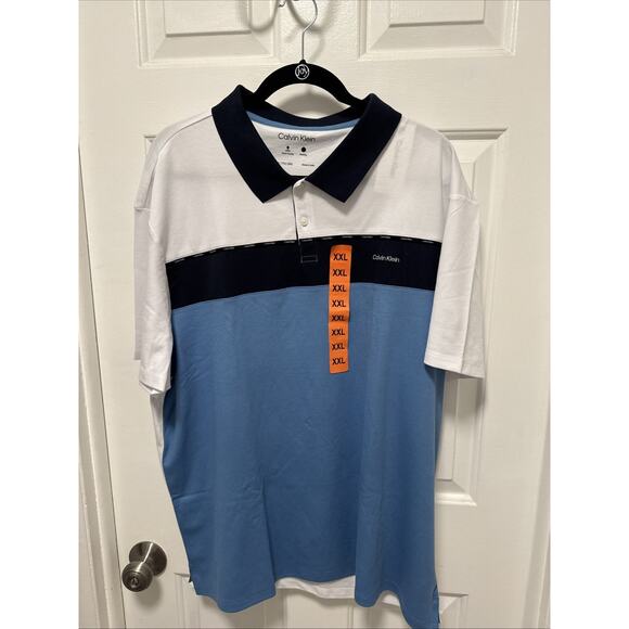 Calvin Klein Polo Shirt Mens 2XL White Blue Colorblock Quick Dry Wicking New - Picture 1 of 5